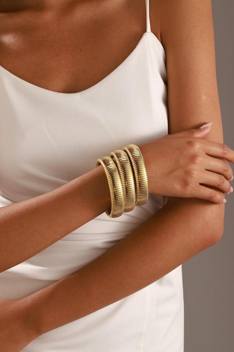 JUNYANGY Gold Bangles for Women Set of 3 Chunky Stretch Bangles Bracelets 24K Gold Plated Stainless Steel Bracelets Flexible Wide Stack Bracelets Designer Look Alike Jewelry for Women - Image 3